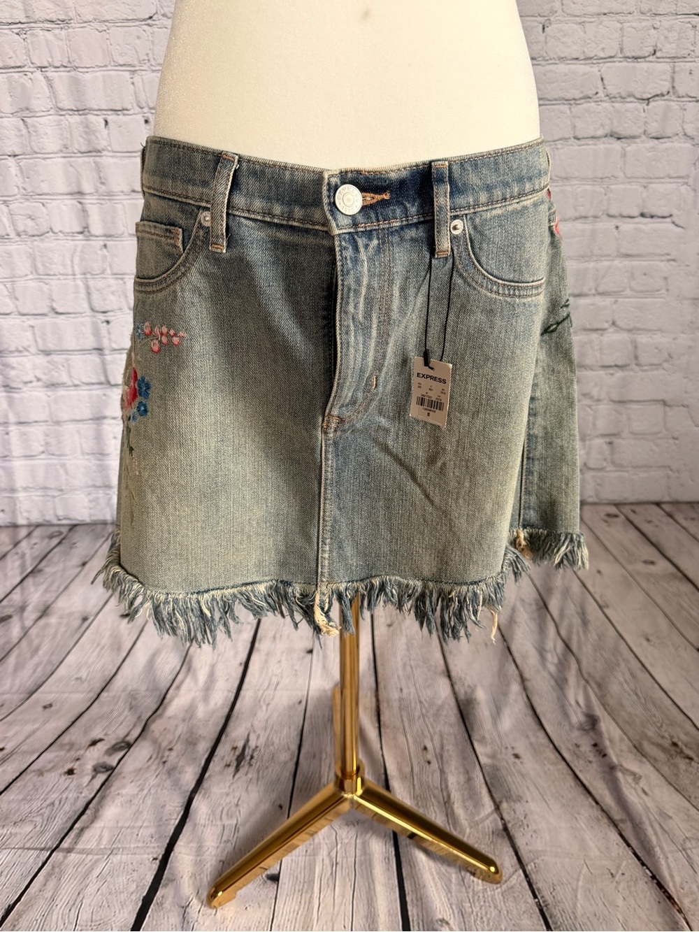 Express Light Blue Denim Mini Skirt with Floral Embroidery
